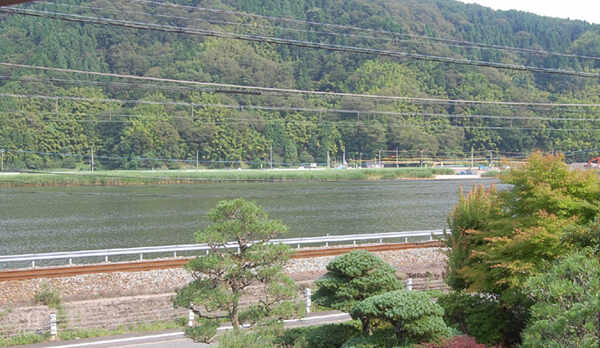 旅館水郷は、円山（まるやま）川のほとりに建ちます。2階のお部屋からの眺めです。