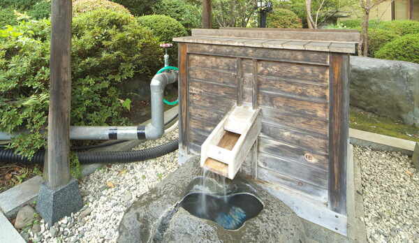 敷地内より沸く源泉、泉質はPH.10.3という日本有数のアルカリ性泉（単純硫黄冷鉱泉）。