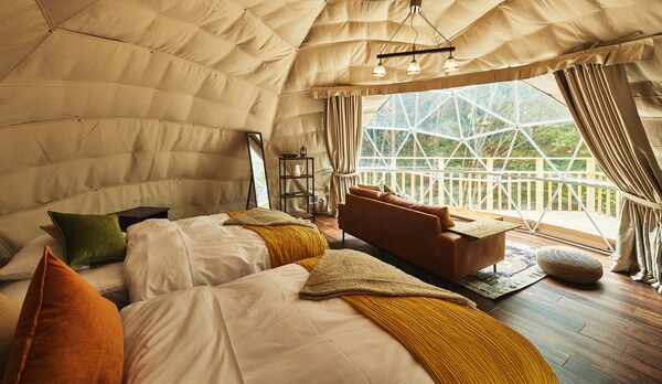 グランピング【ドーム型テント6m】セミダブル2台（最大2名）