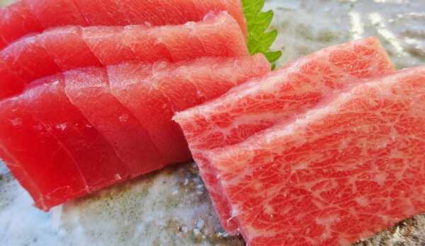 *【夕食一例】本まぐろの大トロとめばちまぐろの中トロ。