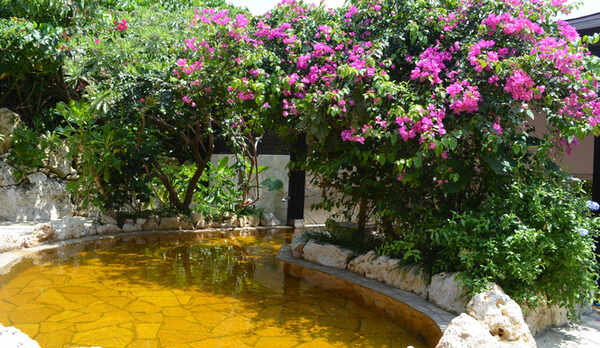 【シギラ黄金温泉（リゾート内）/露天風呂】緑と花々に囲まれた開放的な空間です