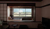 【WAMODERN】ひのき造りの客室展望風呂からは函館を一望できます。