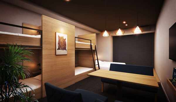 全17室デザイン事務所設計。ロフトベッドにダブルベッド・デラックスダブルベッド設置のデラックスルーム