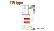 【TWタイプ間取り一例】ワンルーム・最大3名までご宿泊可能な洋室（キッチンなし）