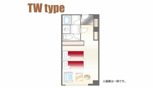 【TWタイプ間取り一例】ワンルーム・最大3名までご宿泊可能な洋室（キッチンなし）