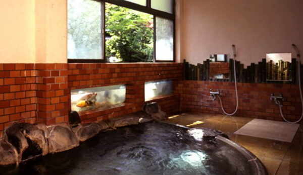 【あやめの湯】あやめの形をかたどったお風呂や湯船から池の中に泳ぐ鯉が眺められるお風呂があります。