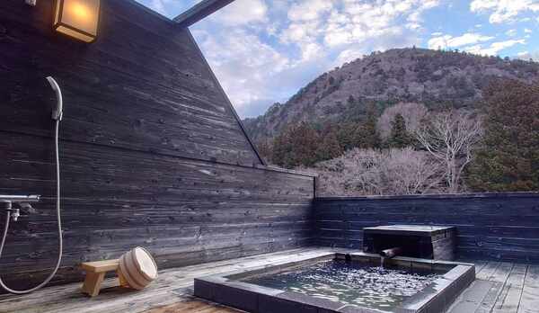 ほうき川や山々を望む貸切露天風呂　夜は星見　昼間は眺望も