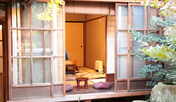 広い奥の庭が見渡せる、縁側付きのお部屋。西陣の町家を満喫。
