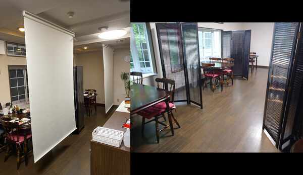 食堂の仕切りとロールスクリーン