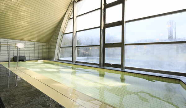 温泉浴場_まぁるい窓の外にブルートレインが見えます