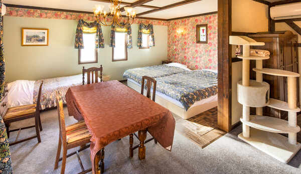 【別館2F：6号室】キャットケージやキャットタワーを配置し、小動物にもおすすめの客室。